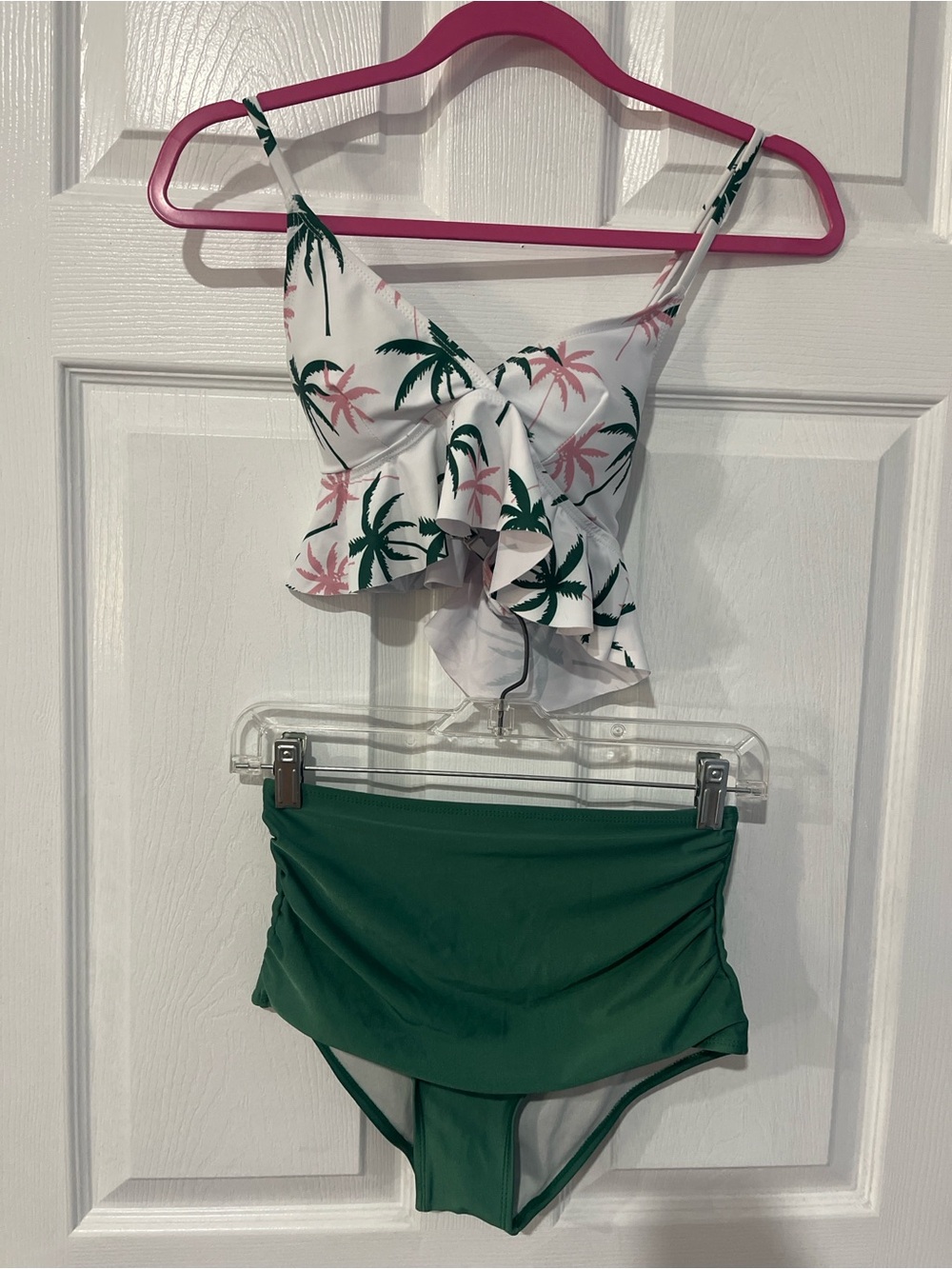 Kids Two-Piece Ruffle Palm Print Swimsuit - White & Green